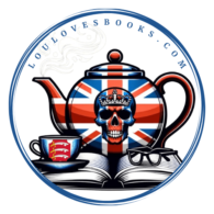 Lou Collins mystery author website logo, Union Jack teapot, teacup with an Essex Crest on an open book with black-rimmed glasses