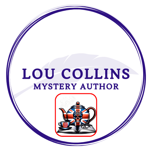 Lou Collins mystery author logo, union jack teapot, Essex crest in teacup on an open book and black-rimmed glasses