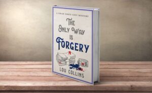 the only way is forgery by lou collins, paperback on wooden shelf