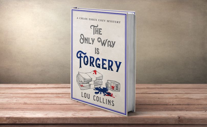 the only way is forgery by lou collins, paperback on wooden shelf